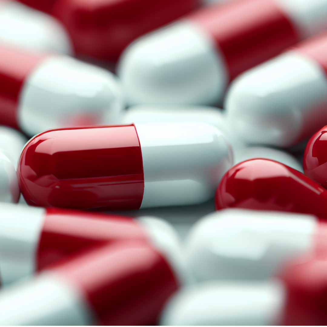 Closeup image of red and white capsules - Courtesy Microsoft Designer