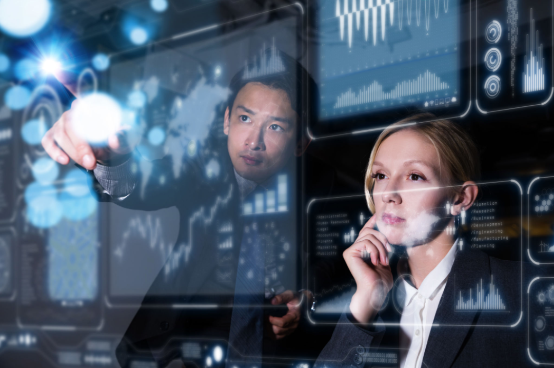 Individuals looking thru a transparent data dashboard display - Courtesy Microsoft Designer