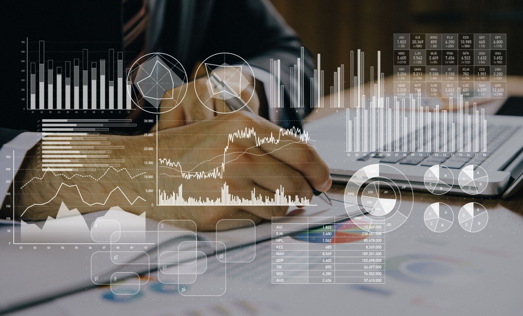 Hand with pen overlaid with analysis figures and graphics - Courtesy Microsoft Designer