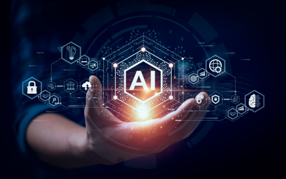 Image of a hand with various hexagonals related to AI - Courtesy Microsoft Designer